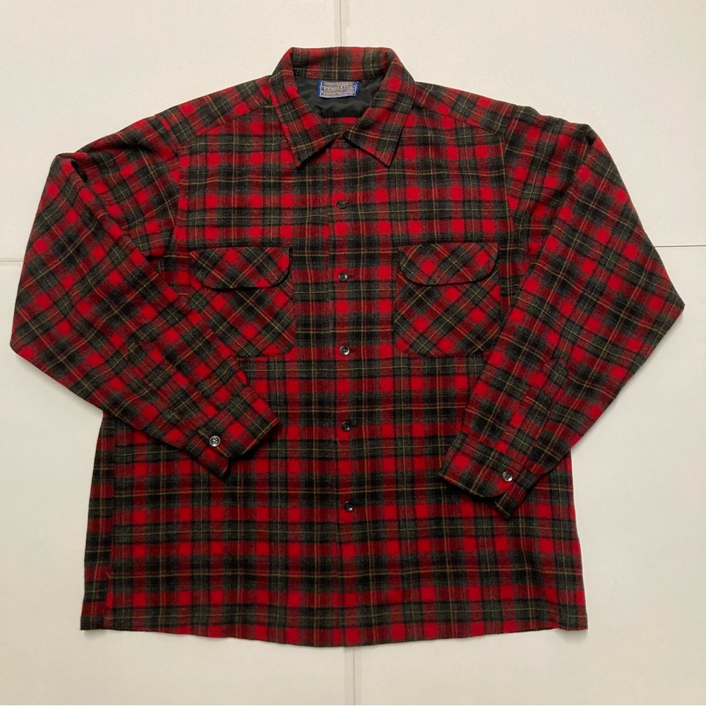 Vintage 60's Pendleton Multi-Color Red Black Plaid Board Shirt Men's Large 1963